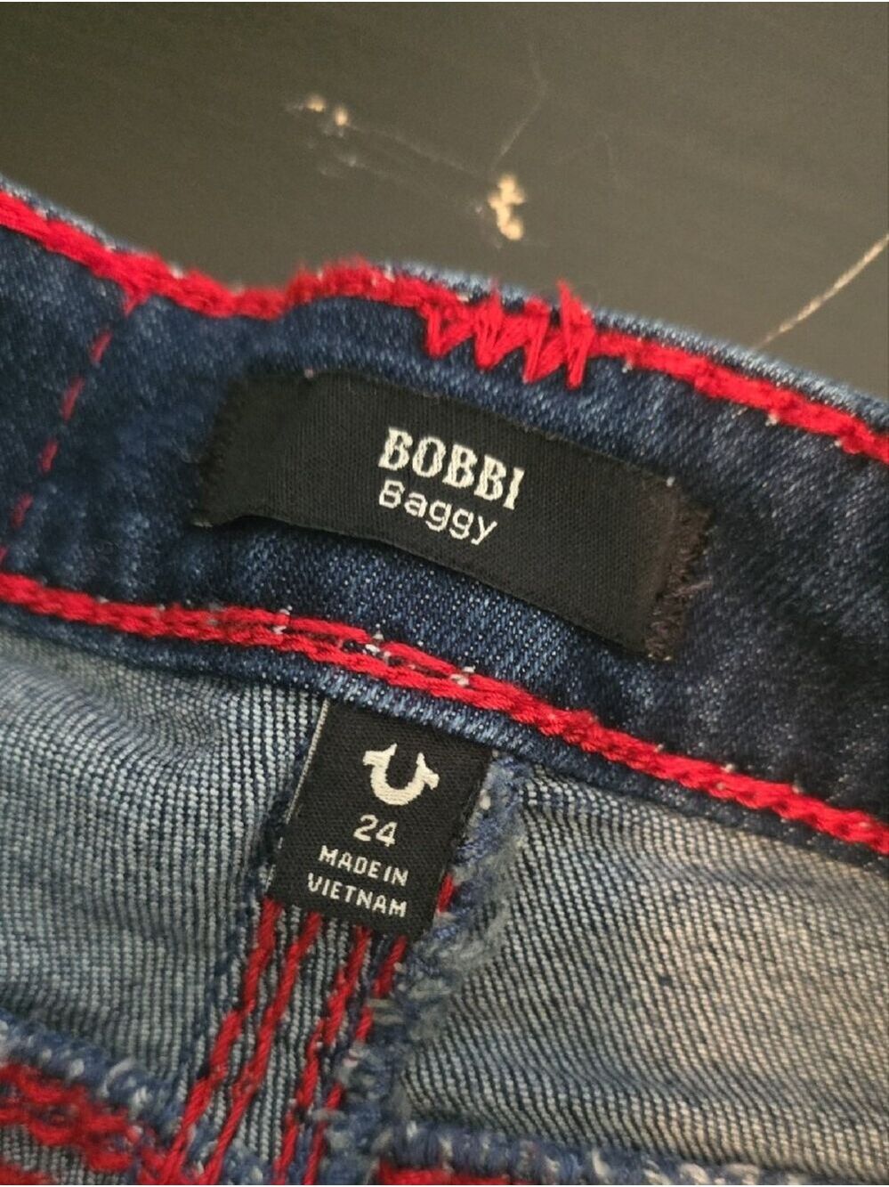 True Religion Bobbi Super Q Baggy Flap Jeans Red Stitch Low Rise Size 24 - Picture 5 of 7